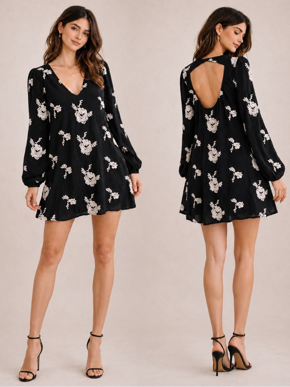 Free People Black Embroidered Mini Dress M Open Back Boho Long Sleeve